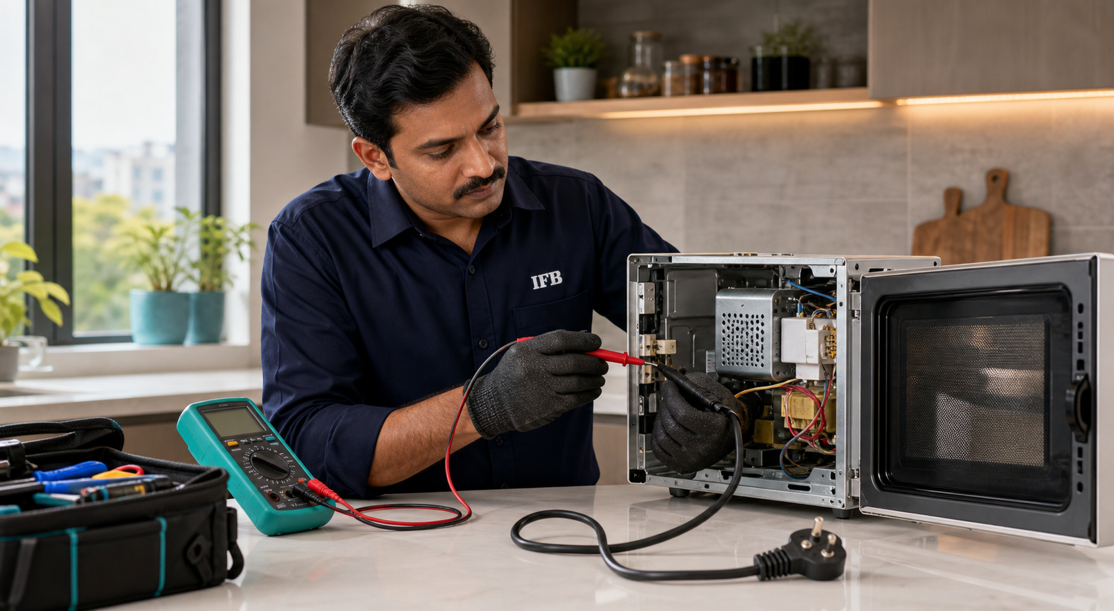 IFB technician safely testing microwave door and control connections