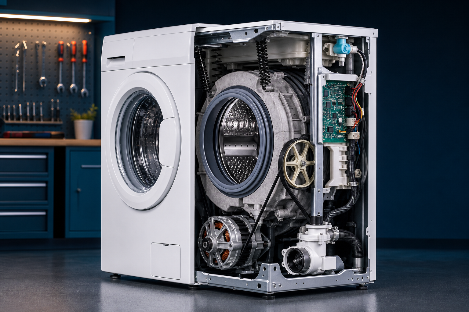 Cutaway view showing major washing machine components